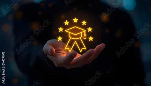Hand holding glowing graduation cap with stars