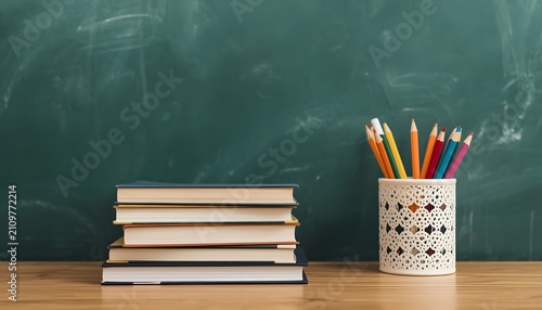 Stacked notebooks with colored pencils on desk