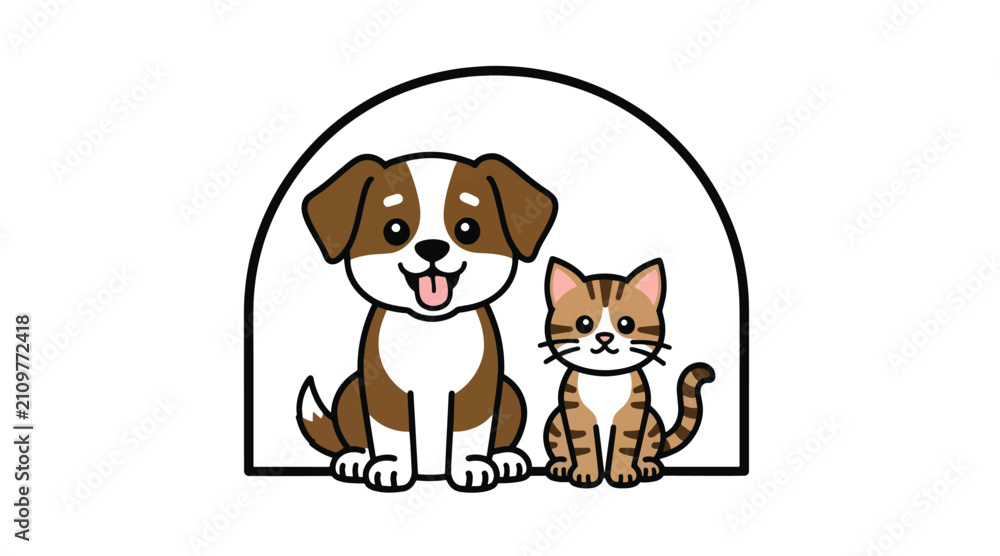 Obraz premium Cute cartoon cat and dog illustration showing love and friendship, a happy animal concept with adorable pets