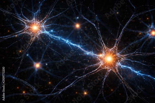 Neurons Communicating with Electric Signals - Dark Background, Abstract Illustration, Glowing Effect