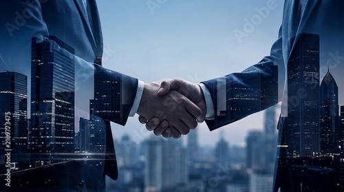 Double Exposure Handshake with Modern City Skyline Background 