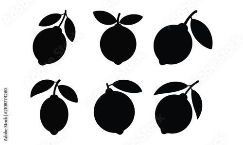 Lemon fruit icon set black silhouette citrus on white background.