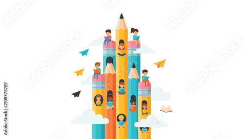 Diverse children climb on top of several giant colorful pencils in the sky surrounded by clouds and paper planes.