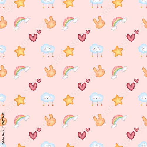 Nursery seamless pattern, completed with rabbit, star, live, and rainbow illustration on soft pink background