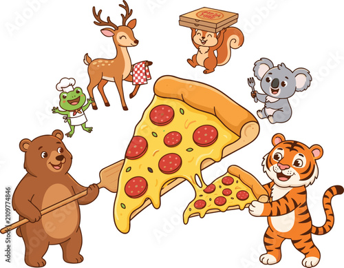 Photography Cute cartoon animals pizza party collection with big pepperoni slice bear tiger