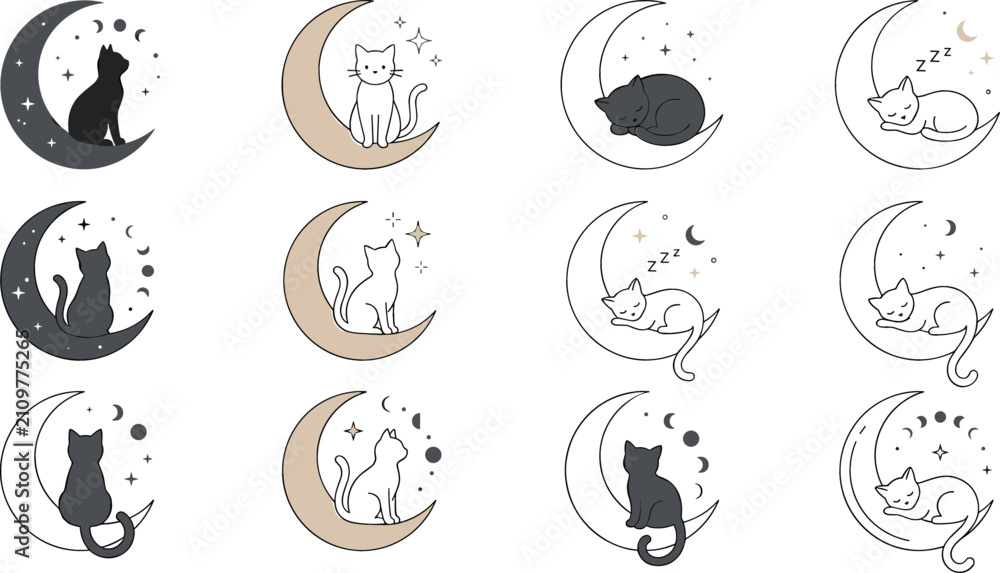 Obraz premium Minimalist linear celestial cats on crescent moon vector icon set featuring sleeping kittens and moon phases for esoteric tattoo graphic designs