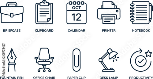 Minimalist linear corporate business and office supply vector icon set featuring briefcase calendar printer and productivity symbols for web UI design