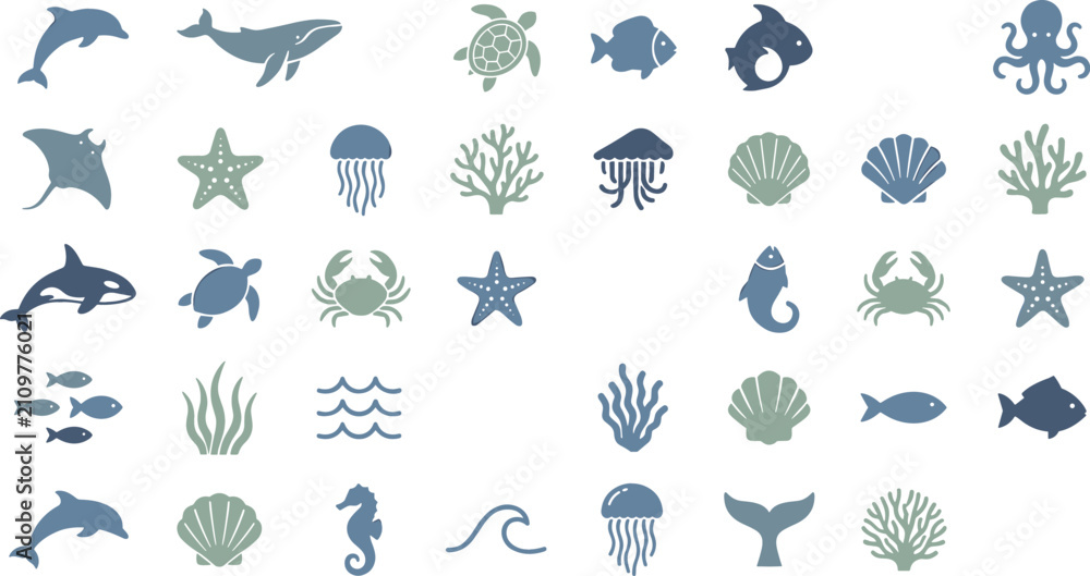 Fototapeta premium Minimalist sea life silhouette icon vector set featuring whale dolphin turtle octopus and coral elements for nautical graphic design and web layouts
