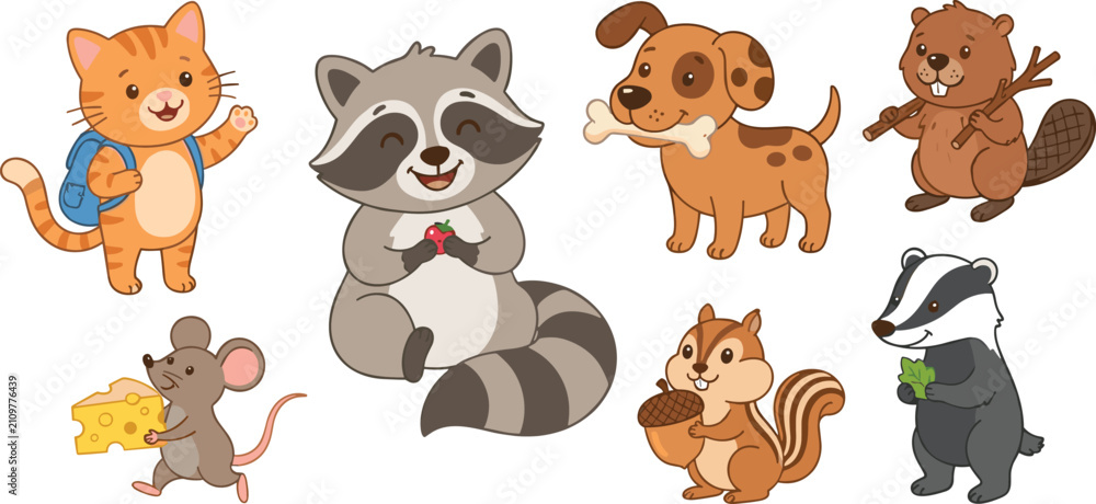 Obraz premium Cute cartoon animal character set with cat raccoon dog beaver mouse squirrel and badger vector illustration graphic,