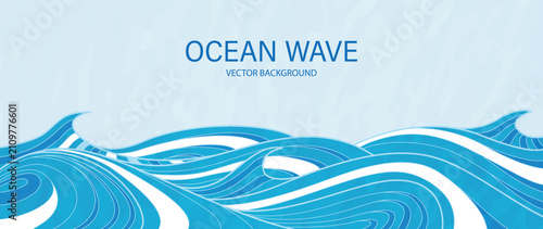 Ocean wave background vector. Abstract blue flowing water with layered curved lines and luminous gradient. Modern marine design for banner, poster, cover, wallpaper and presentation.