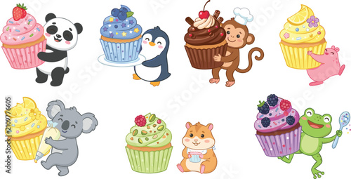 Photography Cute friendly animals holding colorful sweet cupcakes muffins frosting and delic