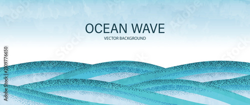 Ocean wave background vector. Abstract turquoise sea with layered rolling waves, stippled grain texture and soft blue gradient. Modern marine design for banner, poster, cover and wallpaper.