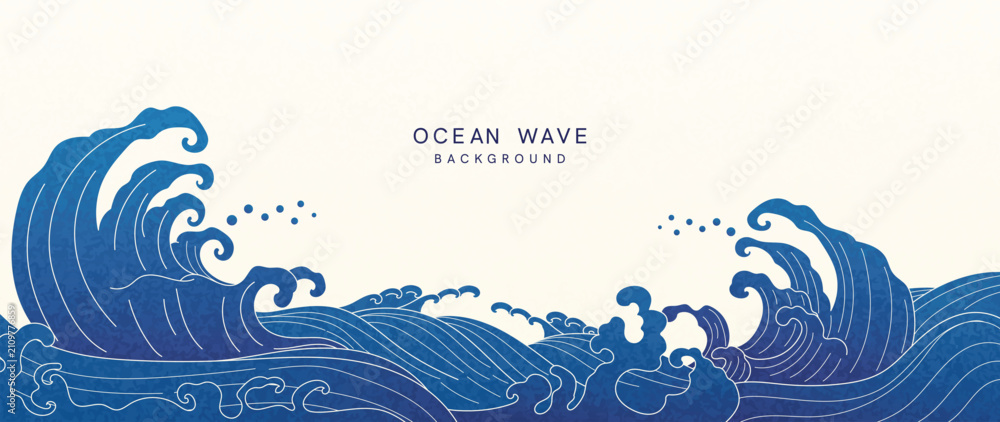 Obraz premium Japanese sea wave background vector. Wallpaper design with white line art and blue ocean wave pattern backdrop. Modern luxury oriental illustration for cover, banner, website, decor, interior.
