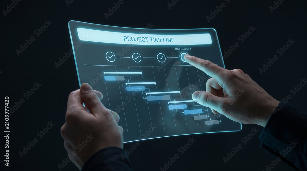 Obraz premium Business professional interacting with a futuristic transparent holographic digital project timeline screen display held in dark high tech studio environment