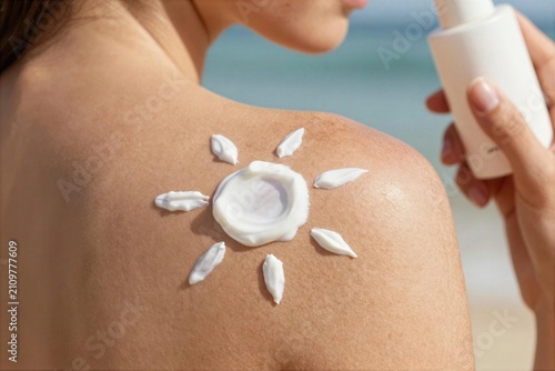 Applying sunscreen design on shoulder at the beach during clear sunny day