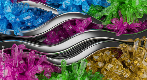 Vibrant Crystal Growths with Metallic Waves - Abstract Colorful Geometric Design