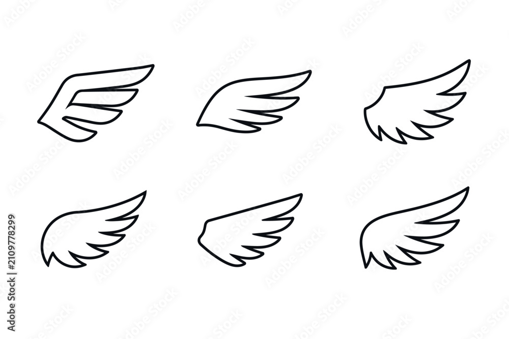 Obraz premium Angel Bird Wing Outline Icon Set, Flying Feather Silhouette