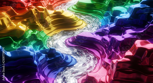 Vibrant Rainbow Landscape Flowing River Abstract Digital Art