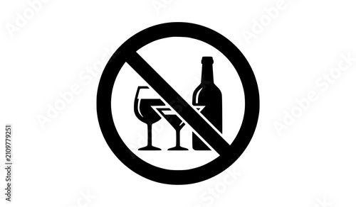 No drinking alcohol warning prohibition sign vector icon with bottle and glasses