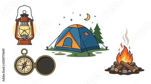 Camping Adventure Vector Illustration Set Featuring Tent Lantern Compass and Campfire in a Night Wilderness