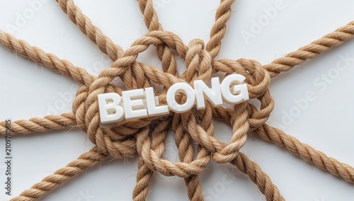 Rope Knot Arrangement with White Lettering 'Belong' on White Background