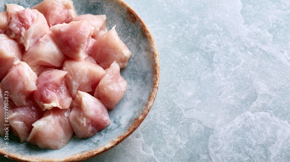 Fototapeta premium Raw Diced Chicken Breast in Ceramic Bowl on Blue Stone Background