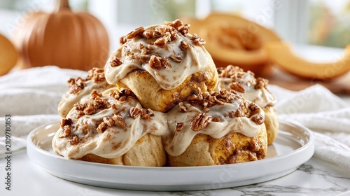 Fresh homemade pumpkin cinnamon rolls topped with creamy cream cheese frosting and crunchy pecans, perfect for cozy autumn breakfasts and seasonal baking.