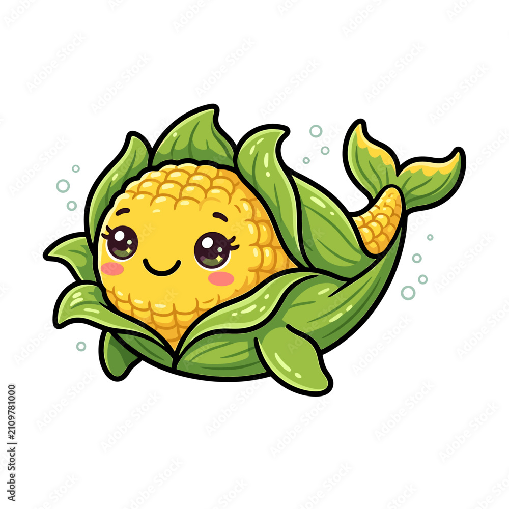 Fototapeta premium Cute Corn Character with Green Leaves and Smiling Face.