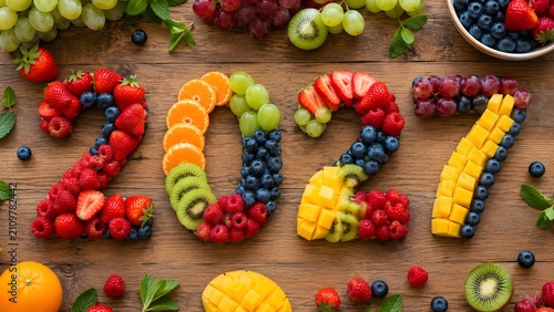 A vibrant arrangement of fresh fruit artfully spells out the year 2027 on a rustic wooden table, showcasing a healthy and colorful start to the new year.