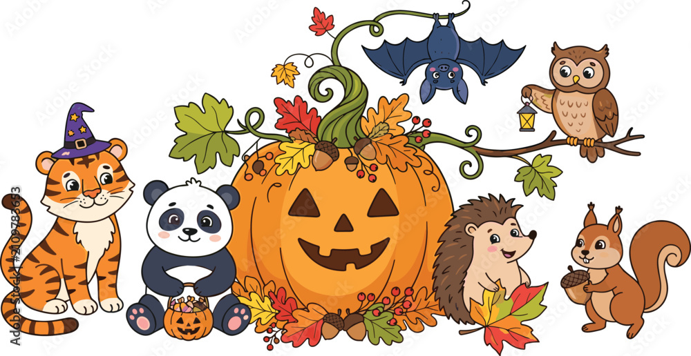 Obraz premium Cute cartoon halloween animals set with pumpkin tiger panda bat owl hedgehog and squirrel autumn vector illustration