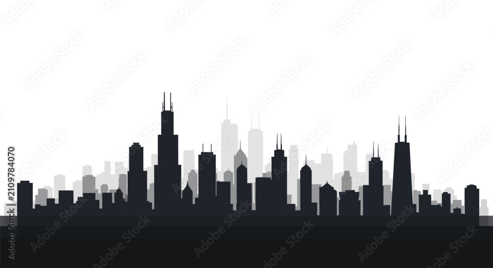 Obraz premium Black silhouette of the Chicago city skyline isolated on white background.