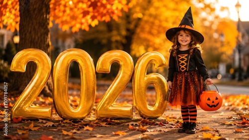 A young witch in a costume stands beside giant golden balloons spelling out 2026 on a street covered with autumn leaves, celebrating Halloween in the year 2026.