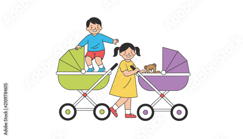 Playful scene featuring a boy standing inside a green stroller and a girl pushing a purple carriage with a teddy bear inside.