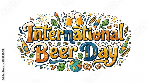 International Beer Day typography design. Festive holiday lettering with beer mugs and hops.