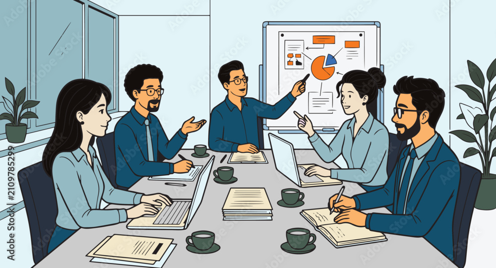 Fototapeta premium Business Team Meeting in Modern Office Flat Vector Illustration