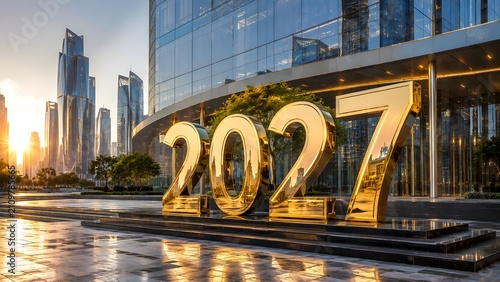 Giant golden numbers spelling out 2027 stand proudly in front of a modern architectural marvel, reflecting the golden hour sun against a backdrop of a bustling cityscape.