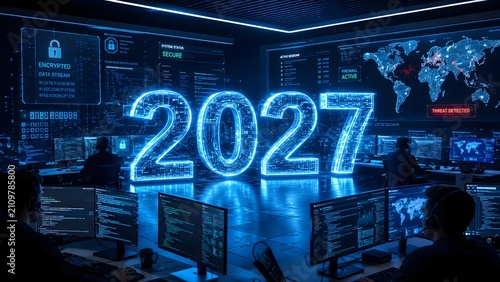 Futuristic technology control room with 2027 illuminated in bright blue neon lights, displaying world maps and data on multiple screens, depicting a high-tech operational center.