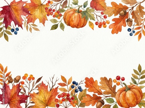 Autumnal border with colorful leaves pumpkins berries and acorns on white background, fall season decoration