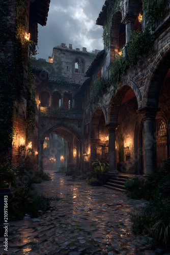 Ancient stone castle courtyard at night. Medieval architecture with glowing lanterns.