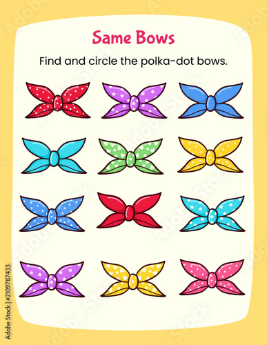 Kids educational page with colourful bows. Preschool learning activity worksheet. Children logic game