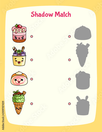 Shadow matching game worksheet with cute kawaii sweet desserts. Educational preschool activity page for kids.