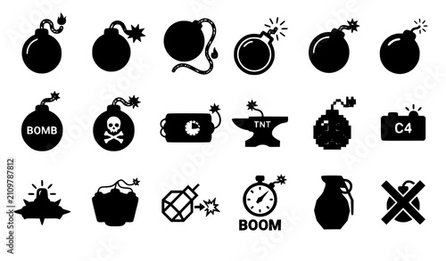 Canvastavla Cartoon Bomb Icon Collection with TNT, C4, Grenade, Dynamite, Pixel Explosive, a