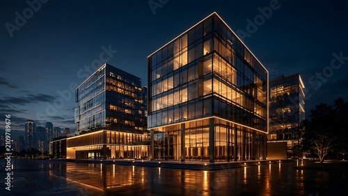 Modern commercial real estate glass office buildings illuminated at night reflecting on wet pavement