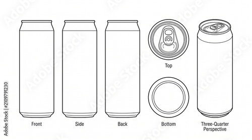 Aluminum Can Mockup Template Vector Line Art Set - Front, Side, Back, Top, Bottom, and Three-Quarter Perspective Views
