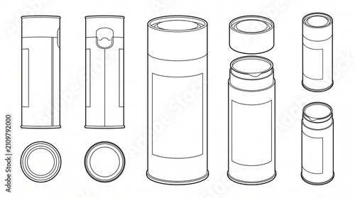 Cylindrical Paper Tube Packaging Mockup Set Vector Outline Technical Drawing
