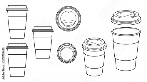 Coffee Cup Vector Set - Disposable Takeaway Coffee Paper Cup Icons in Line Art Style