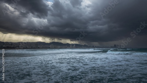 Stormy Ocean Landscape - Dark Clouds Over City Skyline, Dramatic Mood