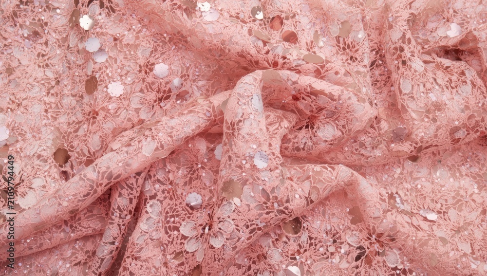 Fototapeta premium Pink lace fabric with sequins and floral patterns