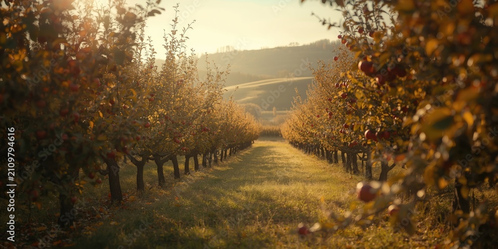 Fototapeta premium Apple orchard with autumn foliage and sunlight streaming in