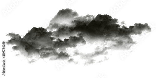 Dramatic dark storm cloud isolated on white background, moody black smoke texture, ominous thundercloud element for digital compositing